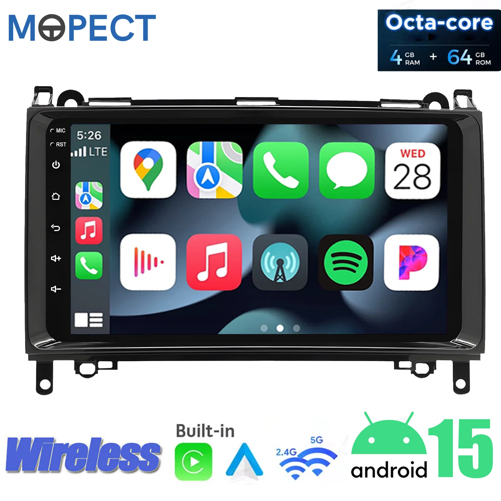 Autoradio pour Mercedes-Benz Sprinter Classe A/B (4 + 64 Go/2 + 32 Go) avec Android 15, CarPlay, DAB, caméra, microphone et radio FM/AM