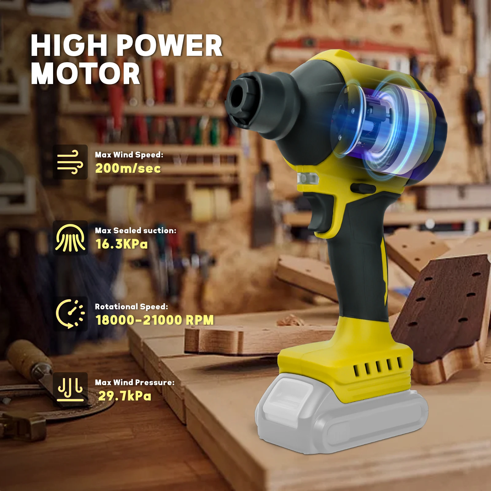 Soplador de polvo inalámbrico, soplador de hojas eléctrico sin escobillas, herramienta de vacío con luz LED para batería Dewalt de 20V (sin batería)