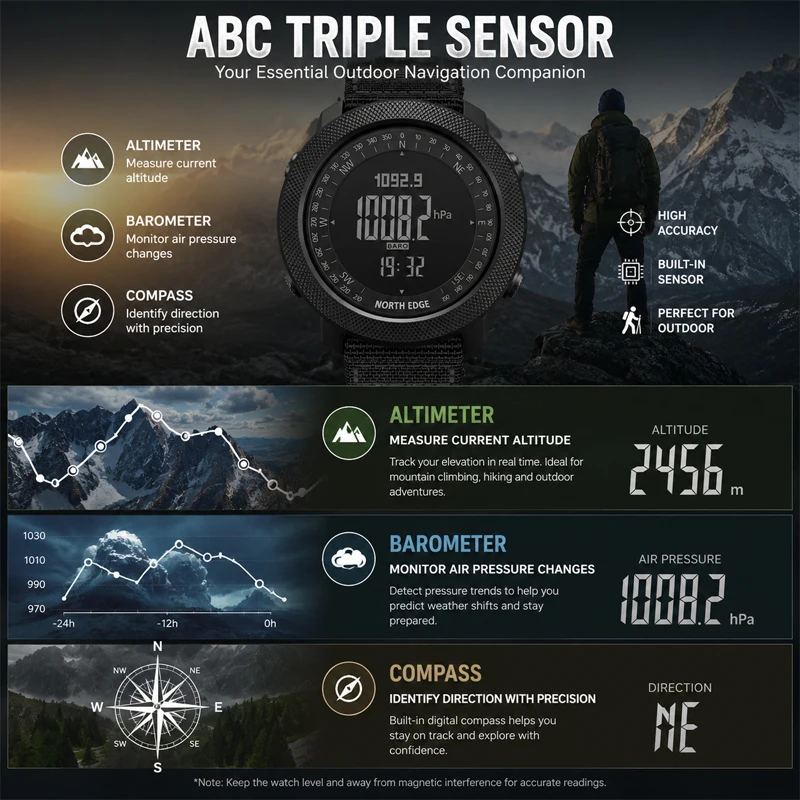 NORTH EDGE APACHE Outdoor Digital Watch for Men Altimeter Barometer Compass Pedometer Weather Forecast Waterproof Sports Watch