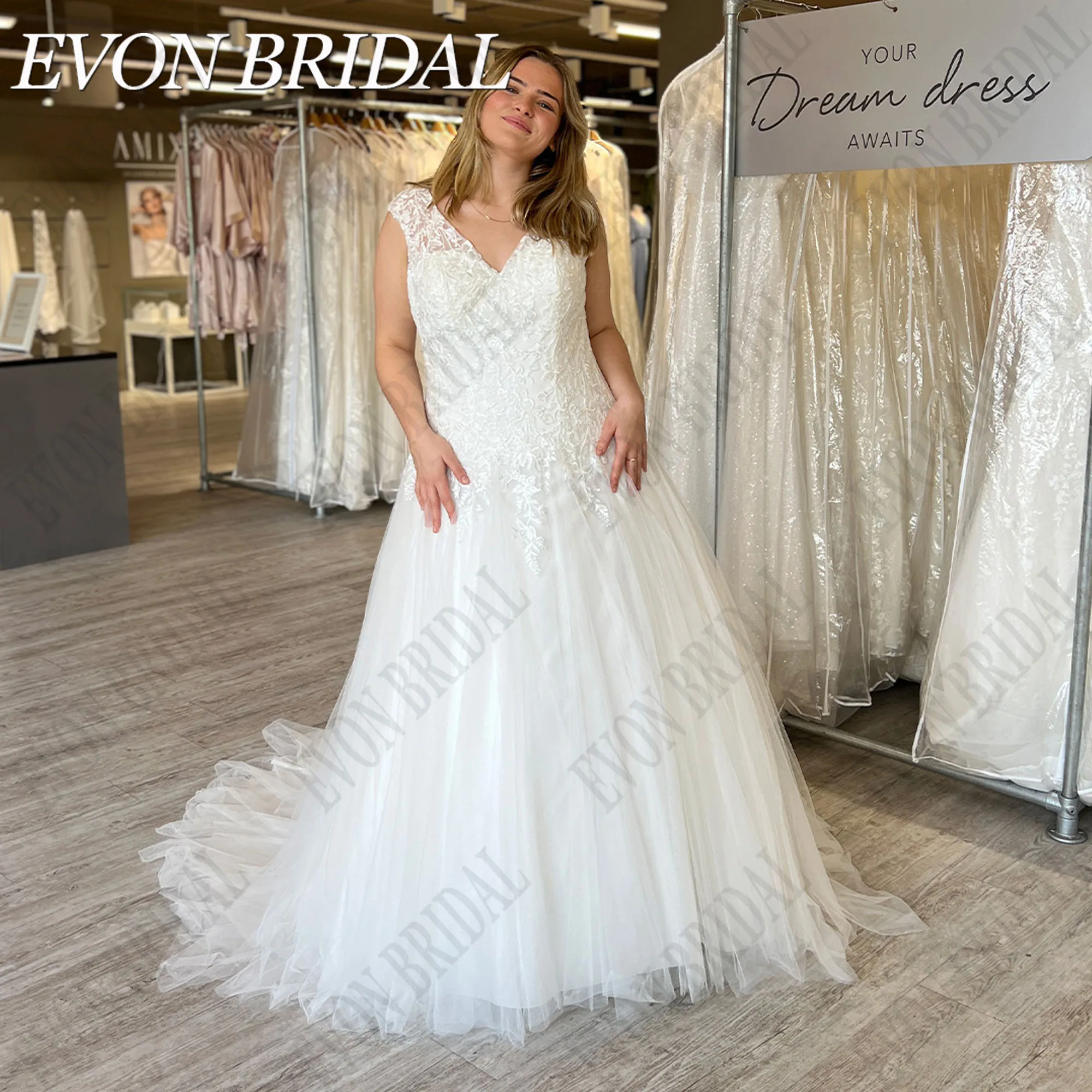 

EVON BRIDAL Wedding Gowns Plus Size Cap Sleeves V-Neck Button Back Civil Vestidos De Novia For Woman Applique Lace Sweep Train
