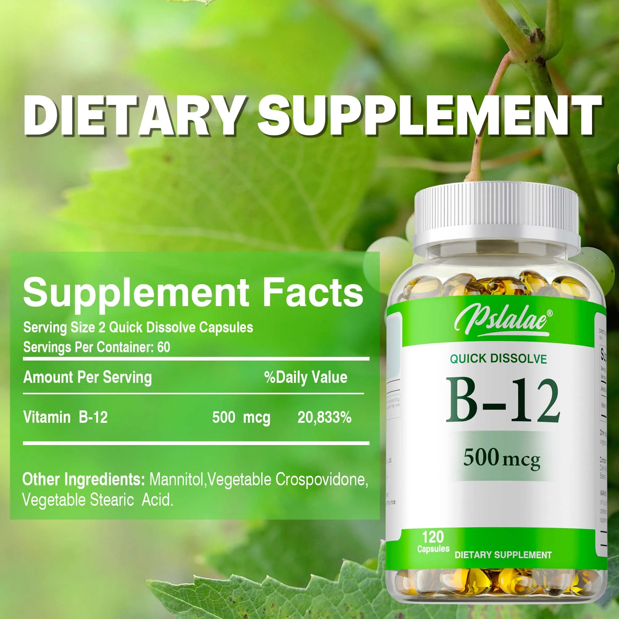 Vitamin B12 Supplement 500 Mcg - Promotes Energy Metabolism and Protects The Nervous System - 120 Capsules