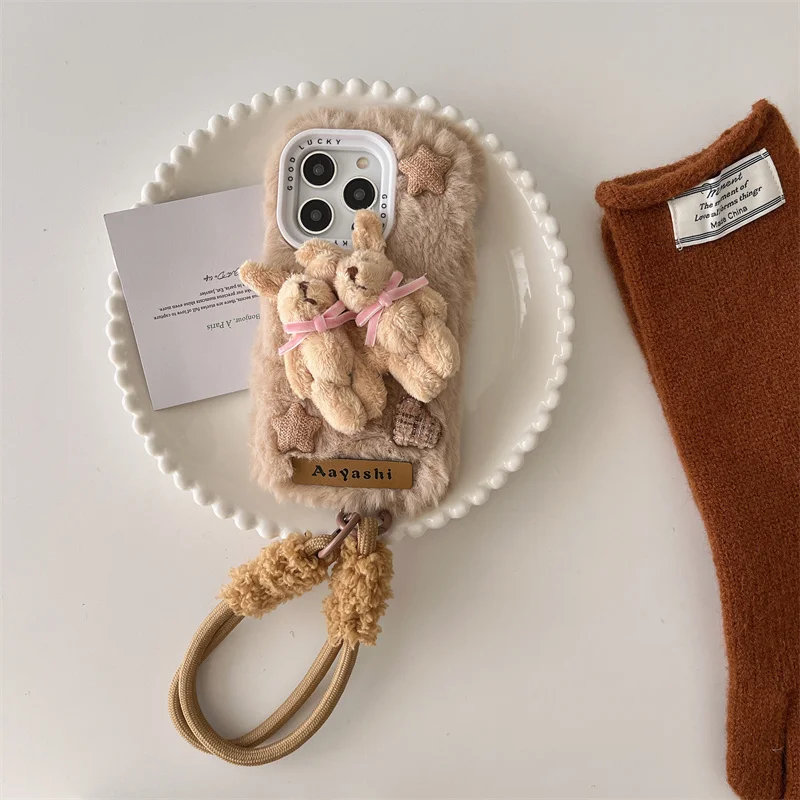 

Korean Bear Plush Case for iPhone Pink Bow Phone Case Fluffy Cover with Cord Kawaii 3D Fluffy iPhone 12 Pro 16 13 14 15 Pro Max