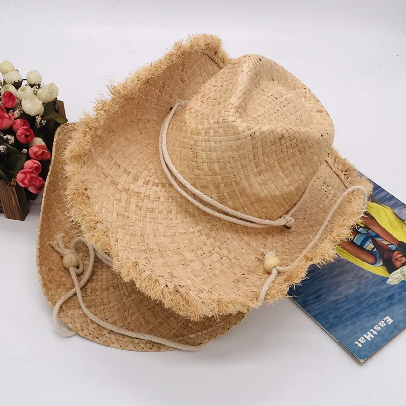 Summer Straw Panama Hat Western Cowgirl Sun Hat Cowboy Hat for Women Shapeable Brim Cord Band Wind rope Trim Beach Cowboy Hat