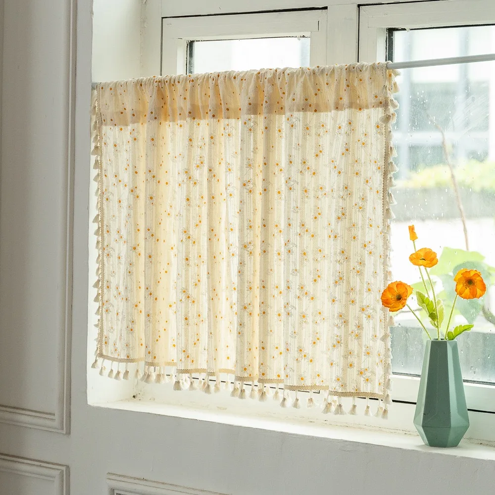 Finished curtains pure cotton small daisy tassel valance kitchen rod Japanese short curtain floating window coffee half curtain