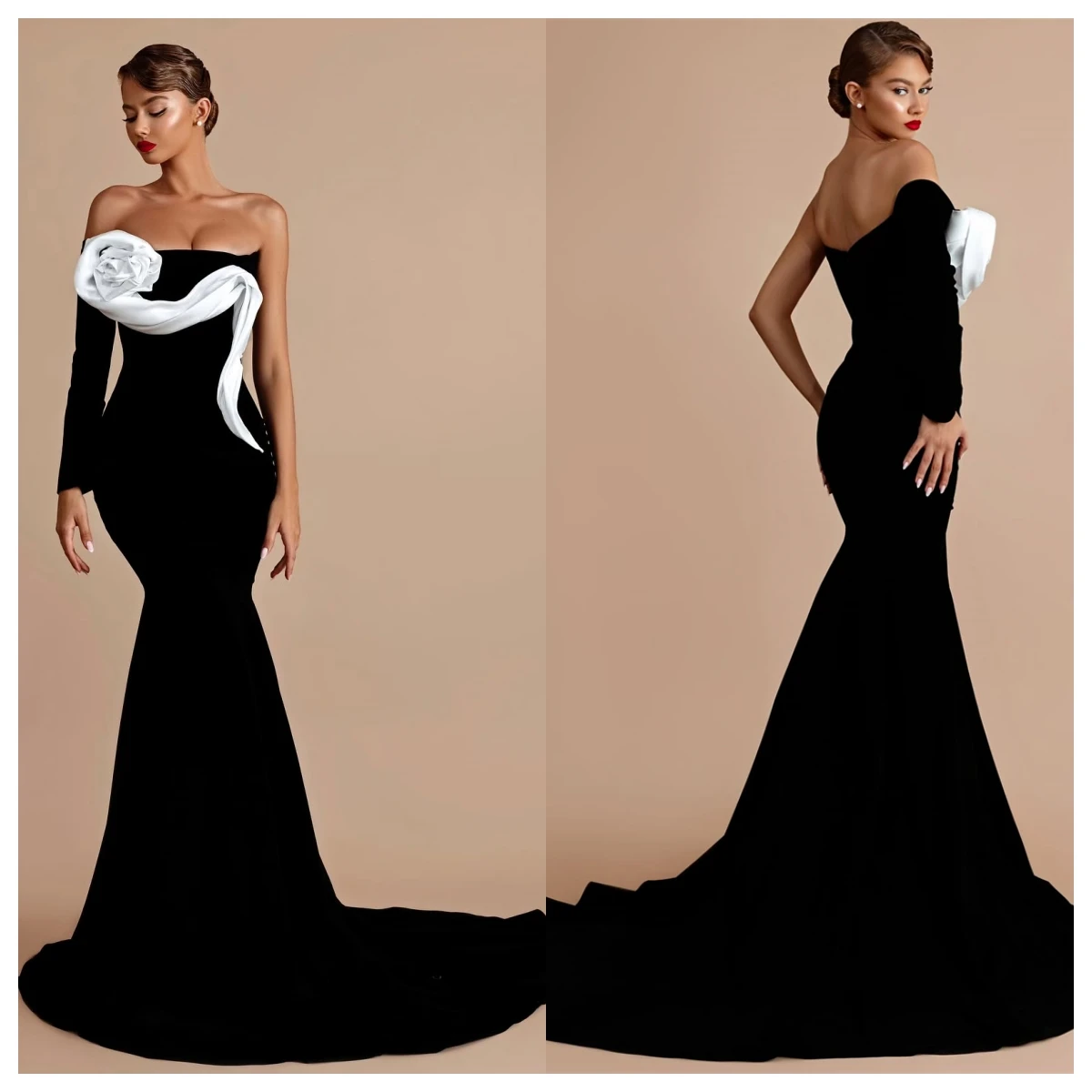 Abito da sera in jersey nero squisito personalizzato senza spalline sirena maniche lunghe abiti celebrità Vestido De alta qualità