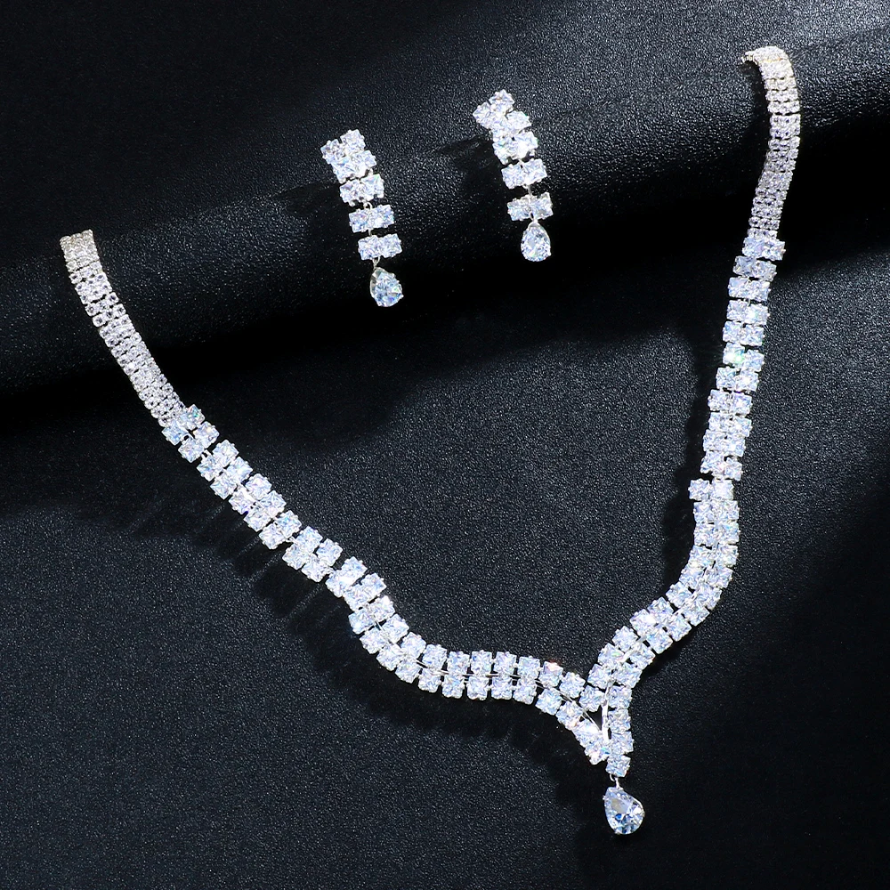 Fashion Double-deck Bridal Jewelry Sets Pendant Water Drop Jewelry  2024 High Quality Zircon Necklace and Earrings Set for Women