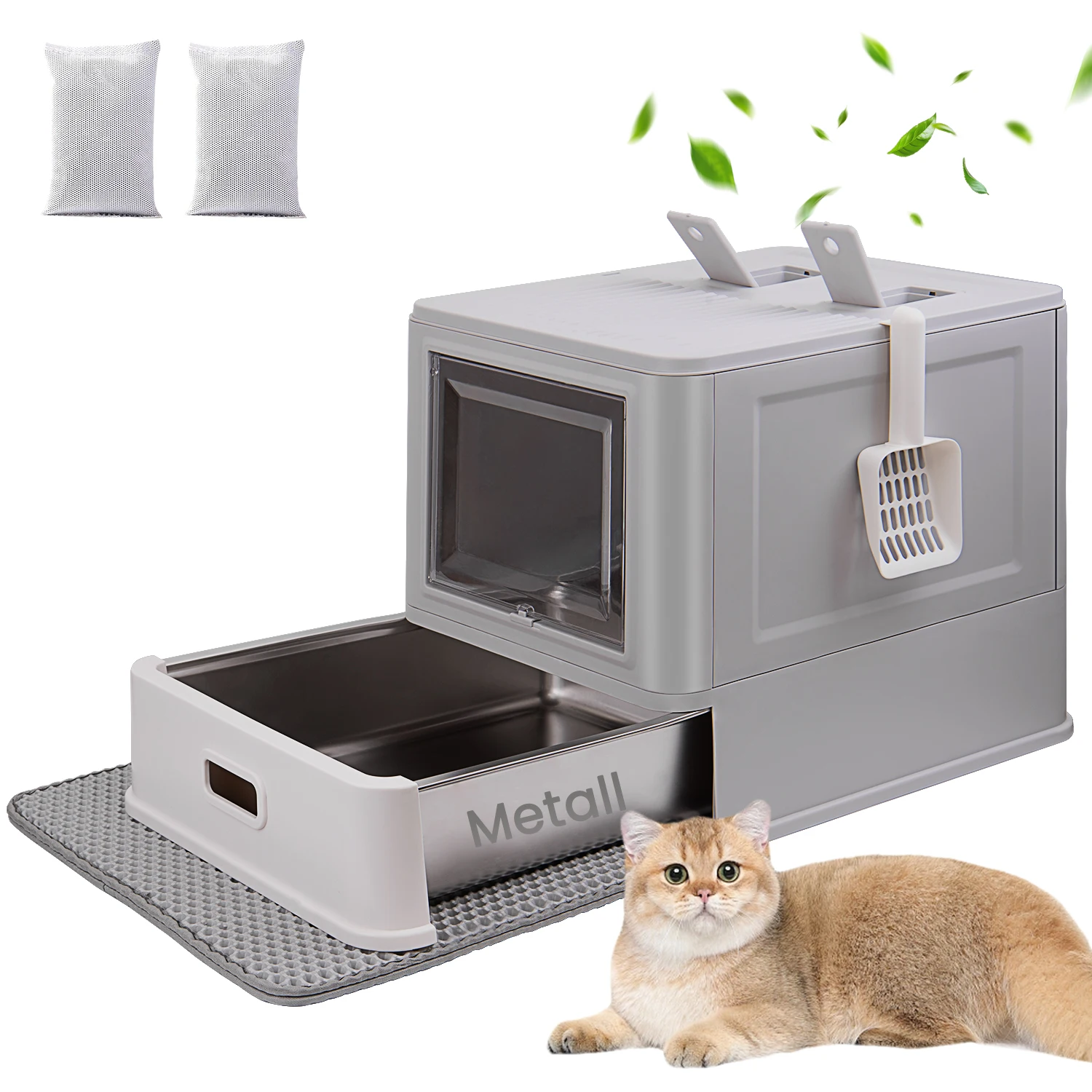 Geschlossenes Katzenklo mit Deckel, Geruchsneutralisierungsbeutel Katzentoilette in Großgröße, ausziehbares Edelstahl-Tablett mit Katzenklo Matte für Katzen bis 15 kg