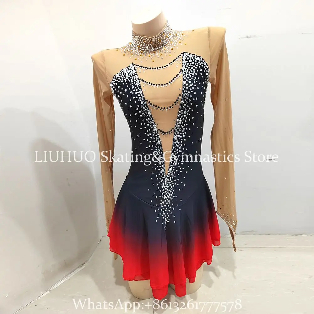 Ice Figure Skating Dress Girls' Women Red Patchwork Mesh Spandex Rhythmic Gymnastics Dancewear Handmade Dancewear Competition