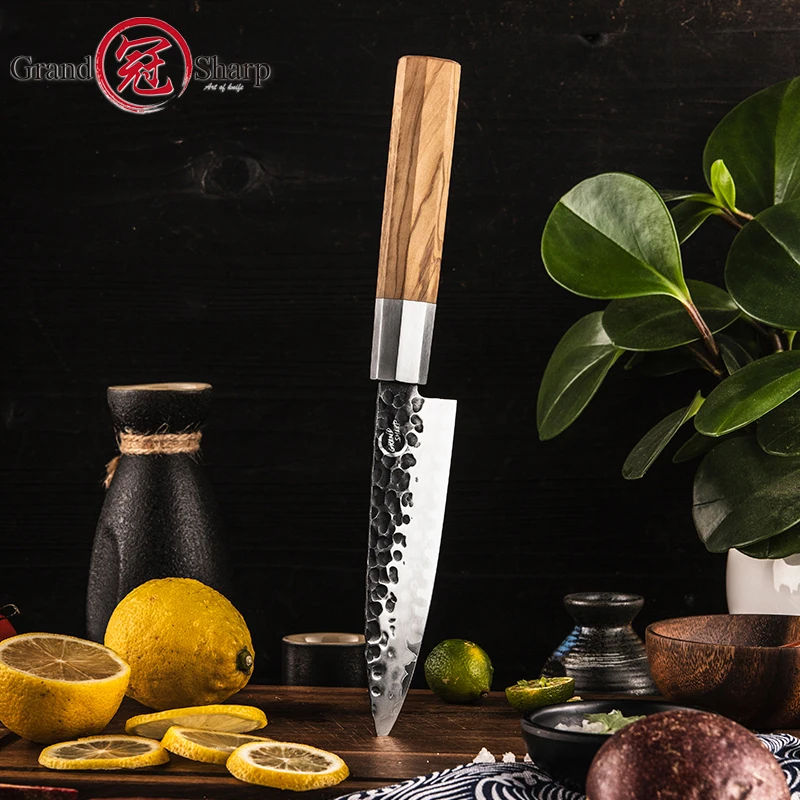 Imagem -04 - Grandsharp Chef Cozinha Facas Faca Utilitária 5.5 Polegada Japonês Aus10 Aço Martelado Acabamento Mão Forjado Lâmina de Madeira de Oliveira Handle