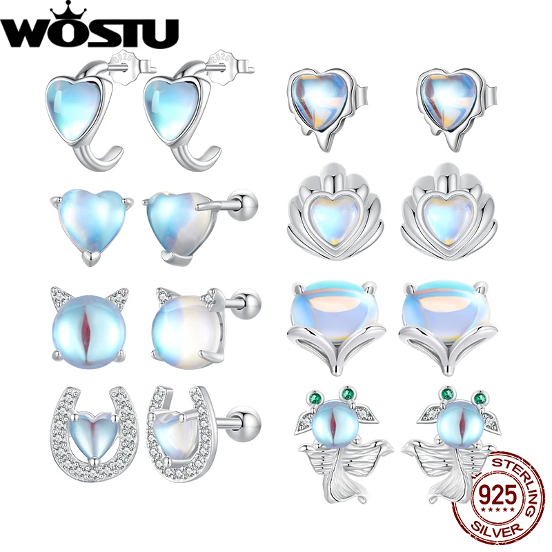 WOSTU-pendientes de plata de ley 925 con forma de corazón para mujer, aretes de piedra lunar, zorro, conchas marinas, joyería fina, regalo diario para fiesta