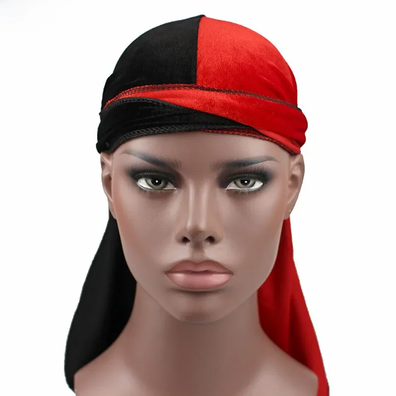 Luksusowa męska aksamitna, patchworkowa Durags bandany Turban Two Tone aksamitna Durag Biker nakrycia głowy opaska z kapeluszem akcesoria do włosów — zdjęcie 2