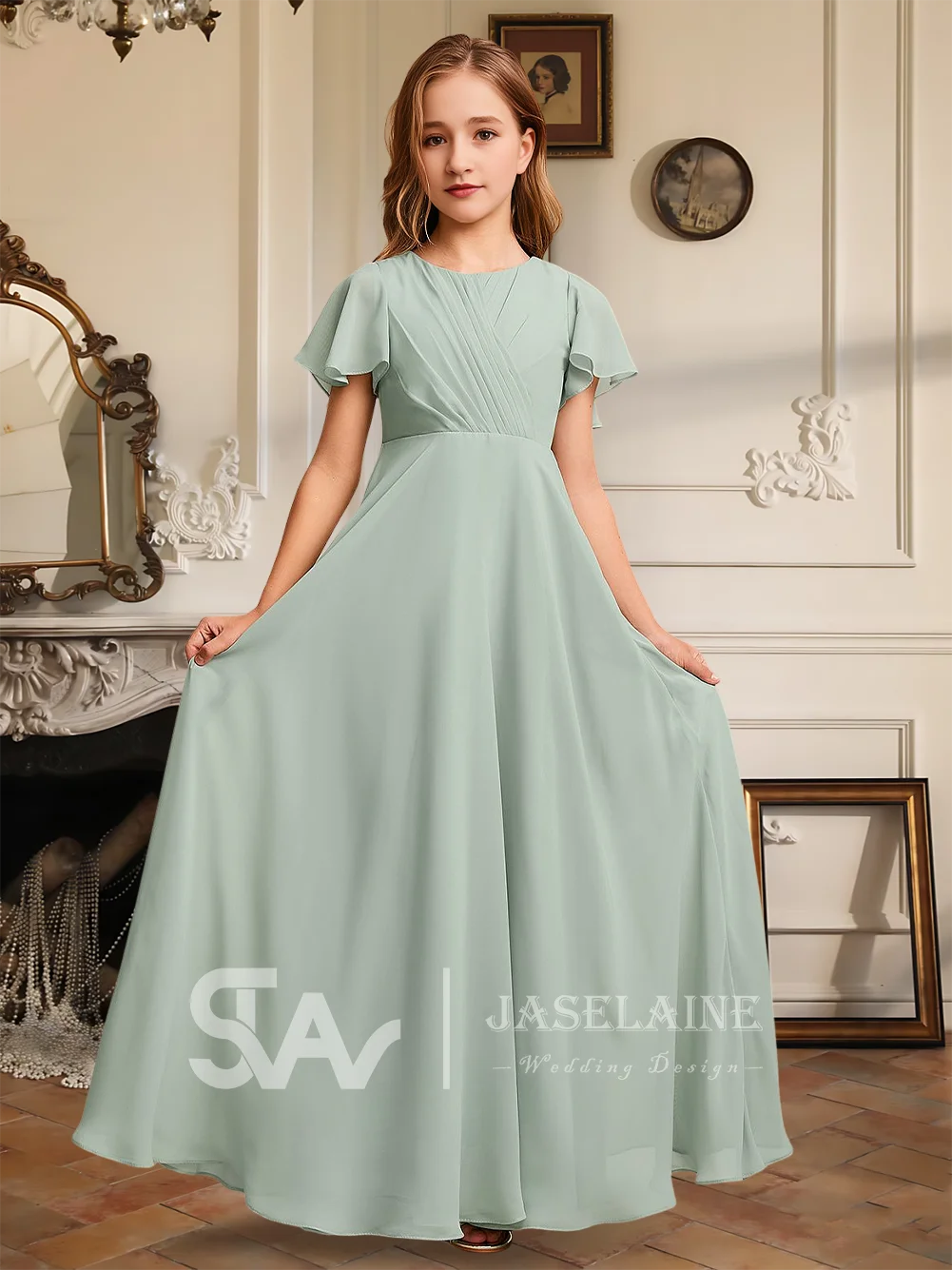 فستان أنيق على شكل حرف a بطول الأرض من الشيفون لوصيفة العروس الصغيرة فستان فتاة الزهور للفتيات لحفلات الزفاف والمناسبات الخاصة الرسمية