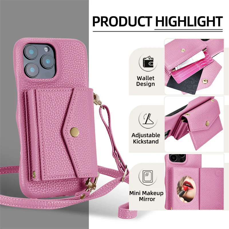 Leather card pocket stand Women's purse with Shoulder strap Phone case for iPhone 16 Pro Max 11 12 13 14 15 Pro Max Plus mirror