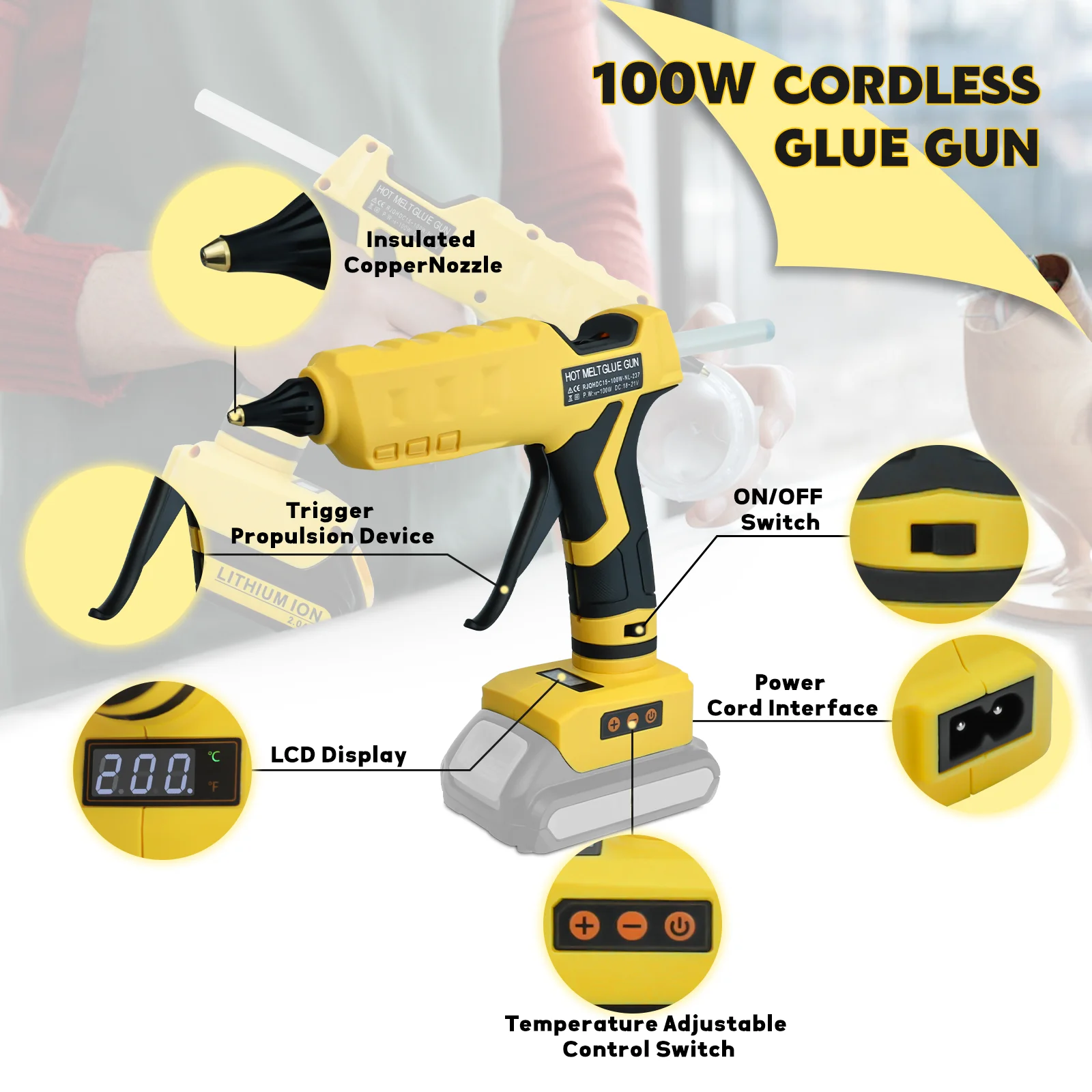 Dual-Power Hot Glue Gun 100°C-200°C LCD Digital Display with Plug & 10Pcs 11mm Glue Sticks for Dewalt 20V Battery (No Battery)