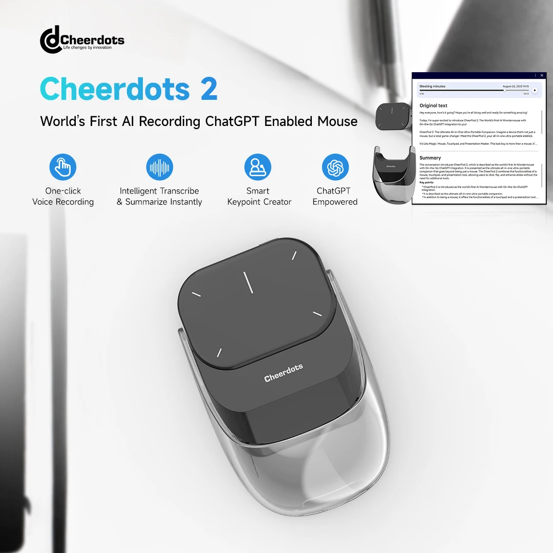 

Cheerdots 2-универсальная карманная воздушная мышь, съемная, записьAI для мыши с поддержкой ChatGPT, презентатор, дистанционная мышь для смартфона с искусственным интеллектом