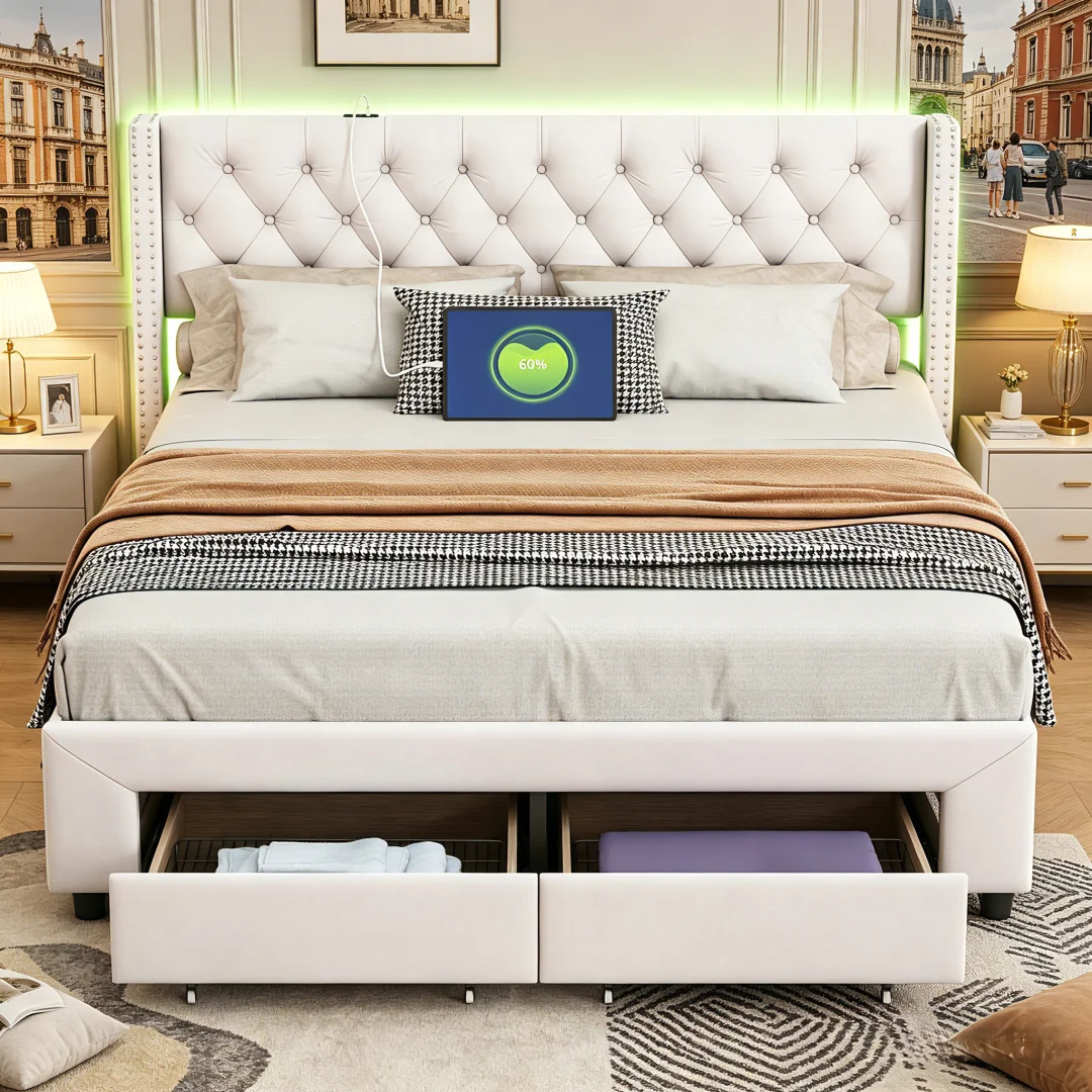 Cama Doble 160/180x200 / 140x190cm, Cabecero con Puerto USB y LED, Cama Doble Tapizada con 2 Cajones, Base de Láminas, Terciopelo, Beige