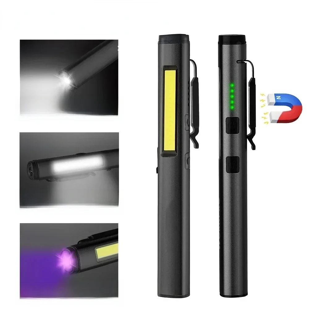 Multifunctionele 4 In 1 Led Zaklamp Mini Usb Oplaadbare 800Mah Pen Clip Zaklamp 365nm Uv Licht Cob Camping Werk Reparatie - afbeelding 2
