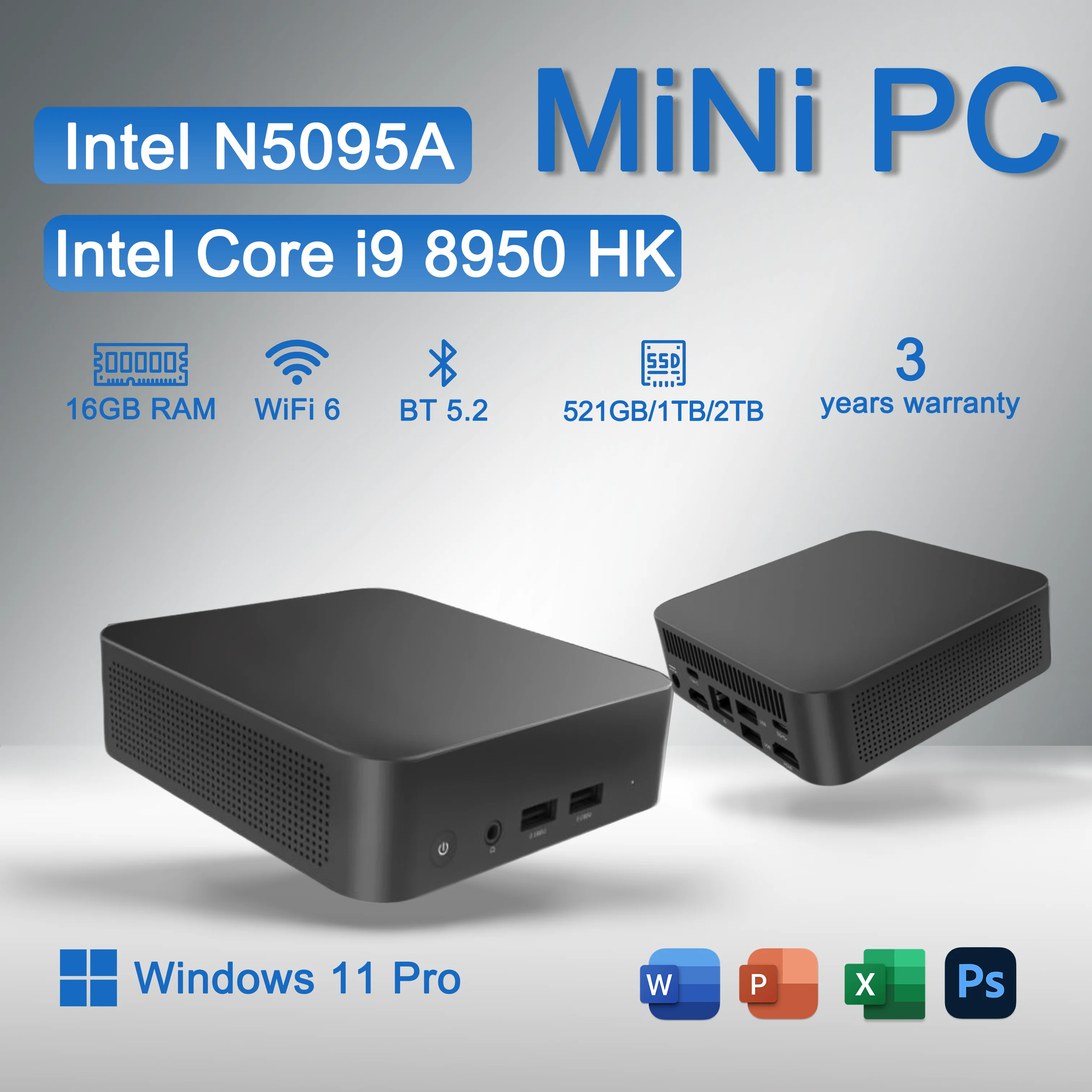 Mini PC NOVO 2026 com Windows 11 Pro, Intel i9-8950HK/Intel N5095, 16GB RAM, SSD de 1/2TB, WiFi6, BT5.2 - Computador Desktop