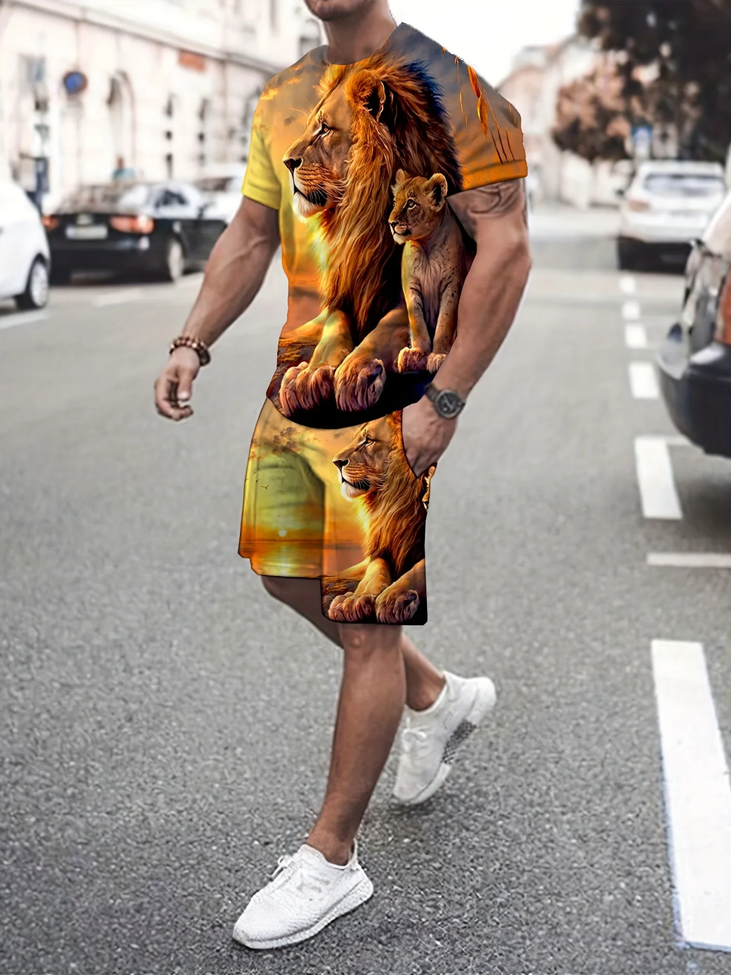 2024 New Men\'s Casual Short Sleeve T-Shirt Fashion Shorts 2-piece Set Lion Print Sportswear Suitable for Summer