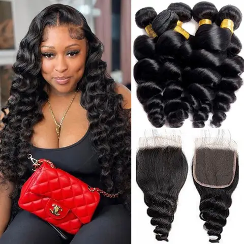 Human Hair Weave Bundles Malaysian Loose Wave Bundles And HD Lace Closure 3/4 Bundles Deal Sale Raw Human Hair With Frontal 13X4