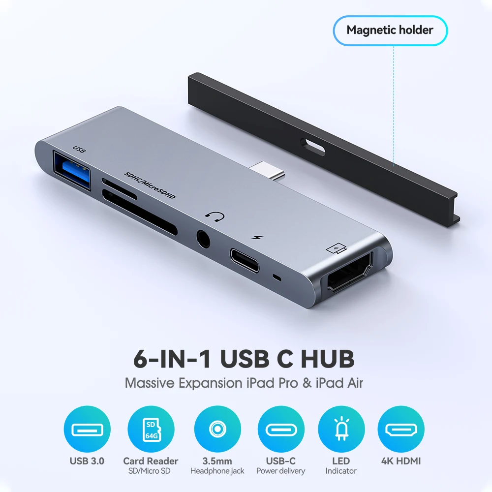 Flyland 아이패드 프로 에어용 USB 허브, 4K HDMI 호환 C 타입 어댑터, 마그네틱 거치대, 60W PD USB 3.0 동글, 6 인 1