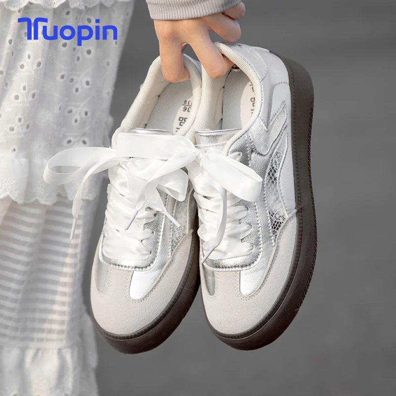 TuoPin German Army Trainer, Summer, Silver Canvas Shoes for Women, Casual Shoes, Design Sense,  New