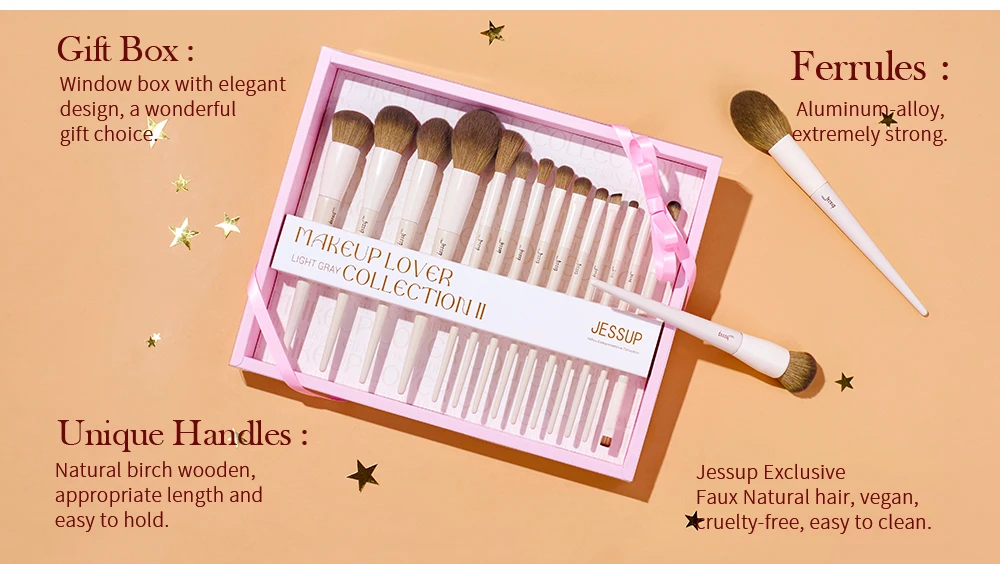 Jessup - Juego de 14 brochas de maquillaje para base, polvos, contorno, rubor, sombra de ojos, delineador, con caja de regalo, T329-G - details 3