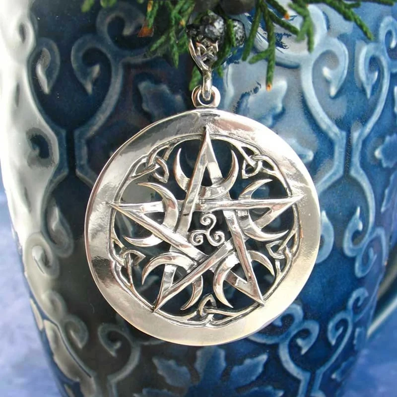 Crescent Moons Pentacle Necklace Pendant Wiccan Accessories Fashion Pagan Large Pentagram Witch Woman Man Witchcraft GothicWicca view 2