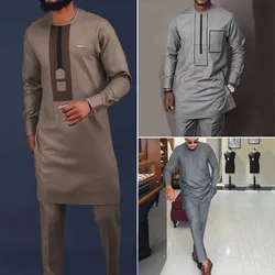 Summer Men's Full Suit African Ethnic Kaftan Casual Style 2pcs Set Long Sleeve Top Pants Gentleman Native Elegant Outfits Boubou