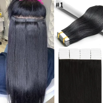 테이프 인 헤어 익스텐션 스트레이트 100% 실제 인간 헤어 20개 50g/팩 매끄러운 피부 씨실 테이프 헤어 익스텐션 천연 블랙 헤어