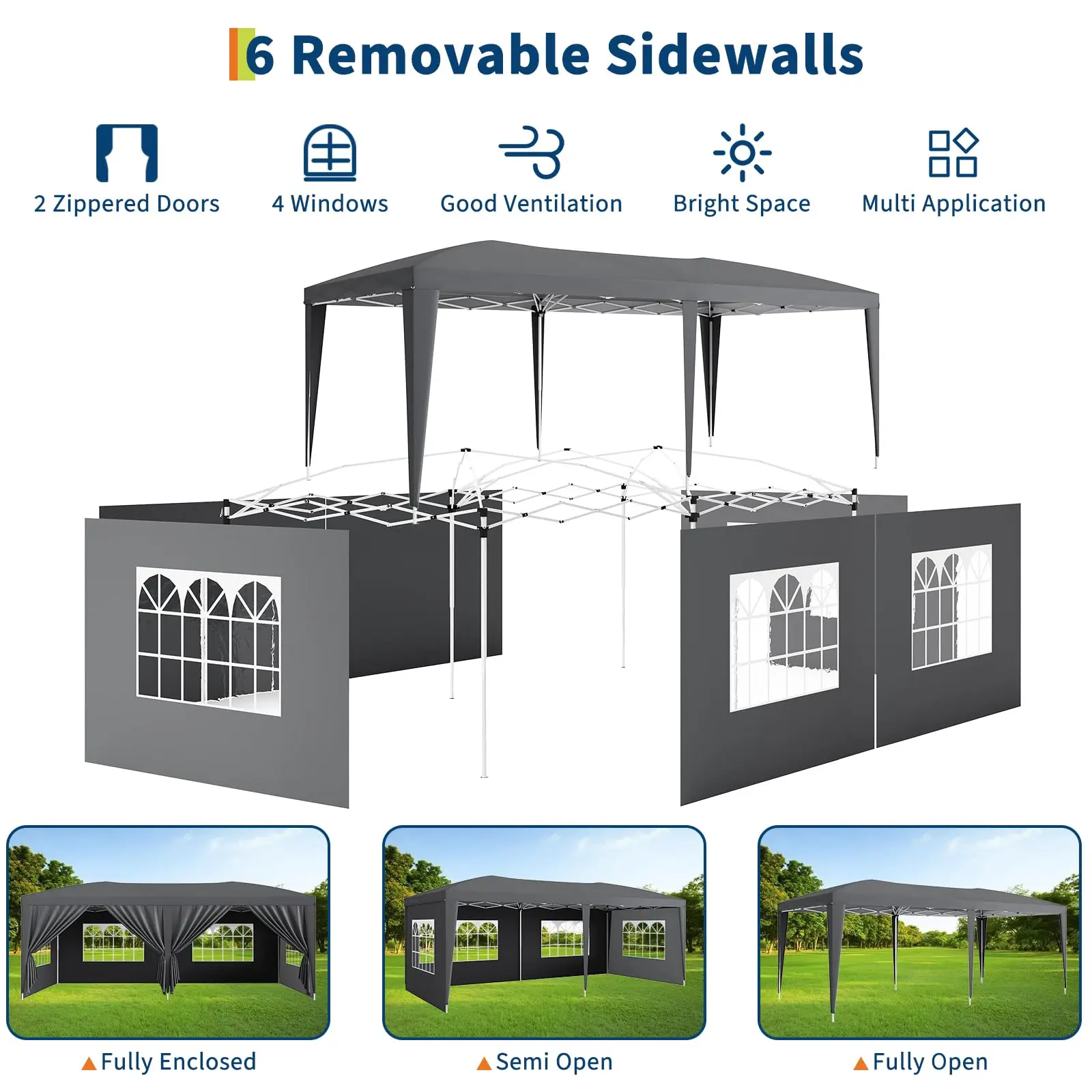 10x20 Pop Up Canopy Tent with 6 Removable Sidewalls, Easy Up Commercial Canopy Tents for Parties, Large Heavy Duty Outdoor Canopies with 3 Adjustable Heights, Stakes X18, Ropes X6, Grey view 4