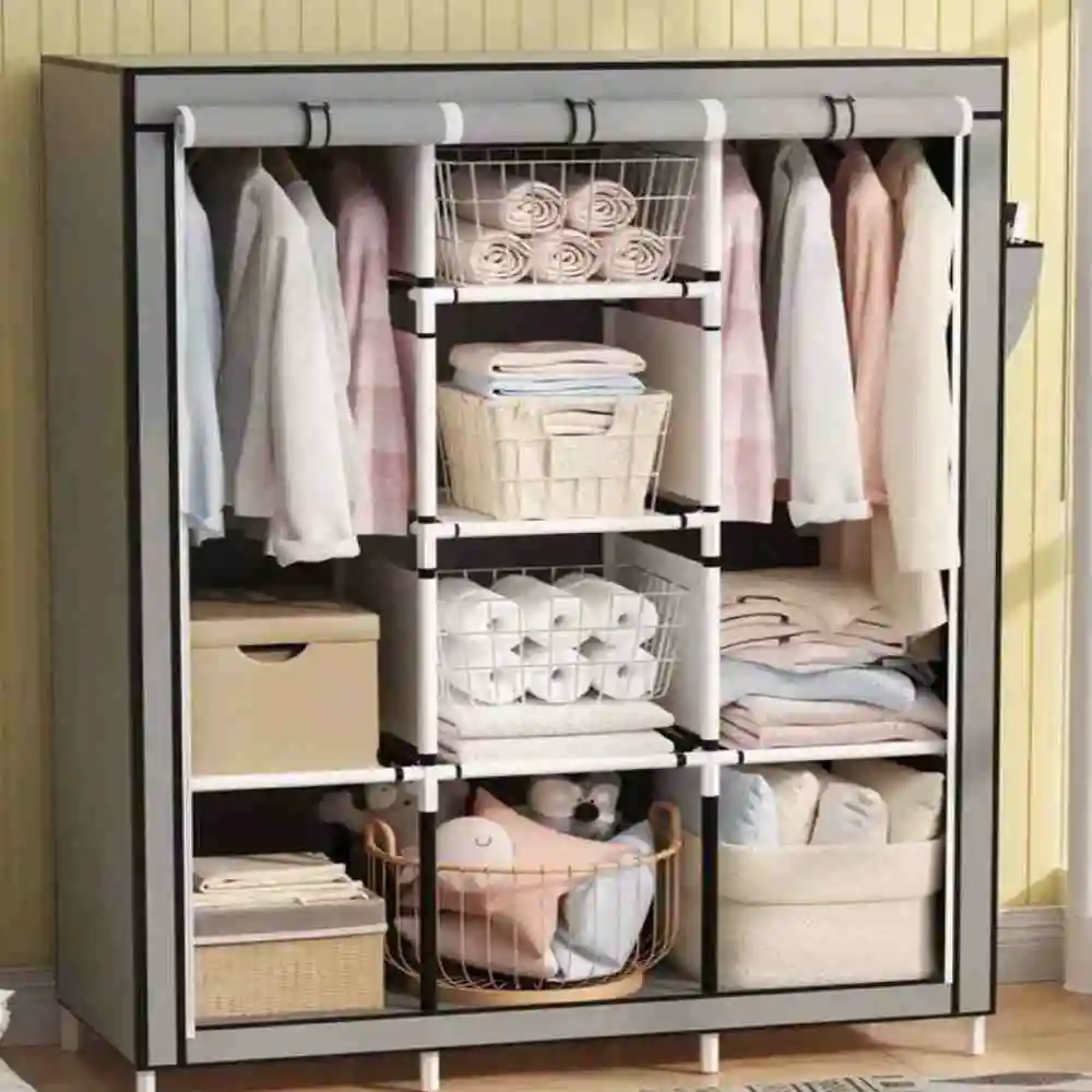 Portable Triple Cabinet with Cloth Cover, Large Independent Clothes Organizer for Bedroom and Living Room