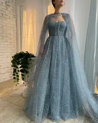 Dusty Blue Sparkly Tulle Prom Dresses with Long Cape Sweetheart A-Line Formal Women's Evening Formal Gowns Vestidos De Fieast