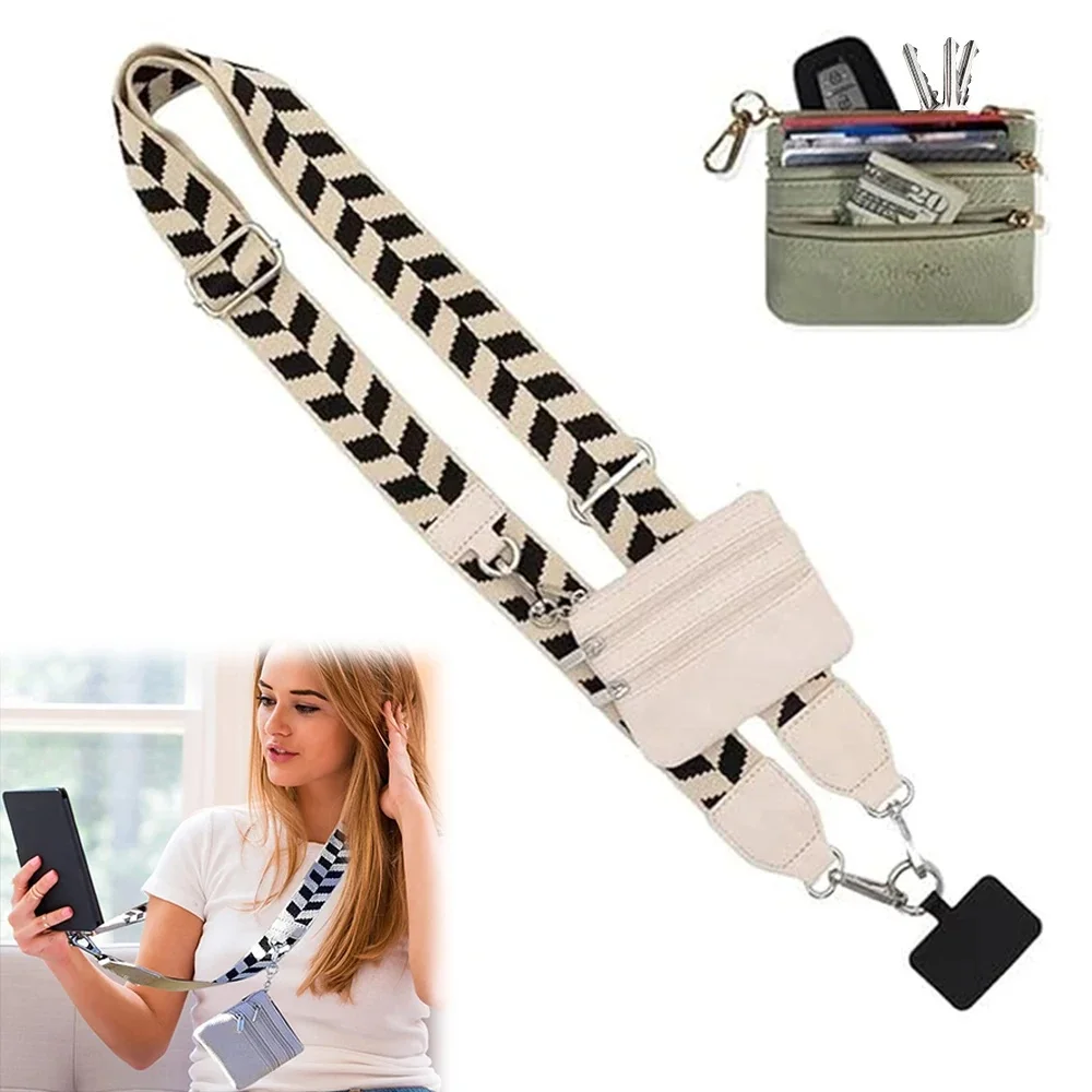 Sangle de téléphone avec pochette zippée pour femmes, lanière de téléphone portable réglable avec portefeuille, Clip et sangle Go pour téléphone
