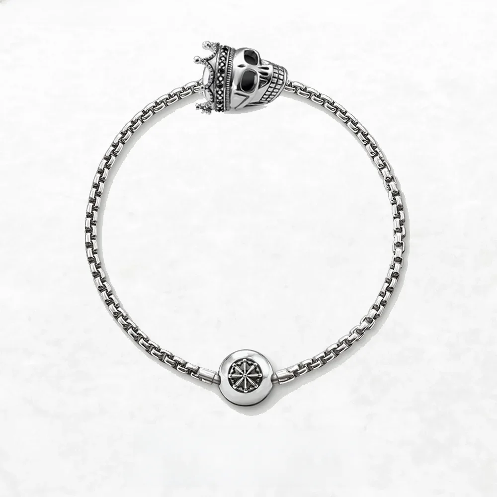 Bransoletka z koralików Łańcuch z czaszką Król Karma Biżuteria Prezent dla Europy Mężczyźni i kobiety W 925 Sterling Silver Fit Wisiorki i Charms — zdjęcie 2