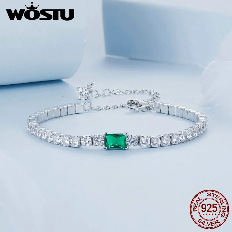 WOSTU Original 925 Sterling Silver Emerald Green Bracelet Basic Fully Zircons Wide Chain Bracelet for Women Elegant Jewelry Gift