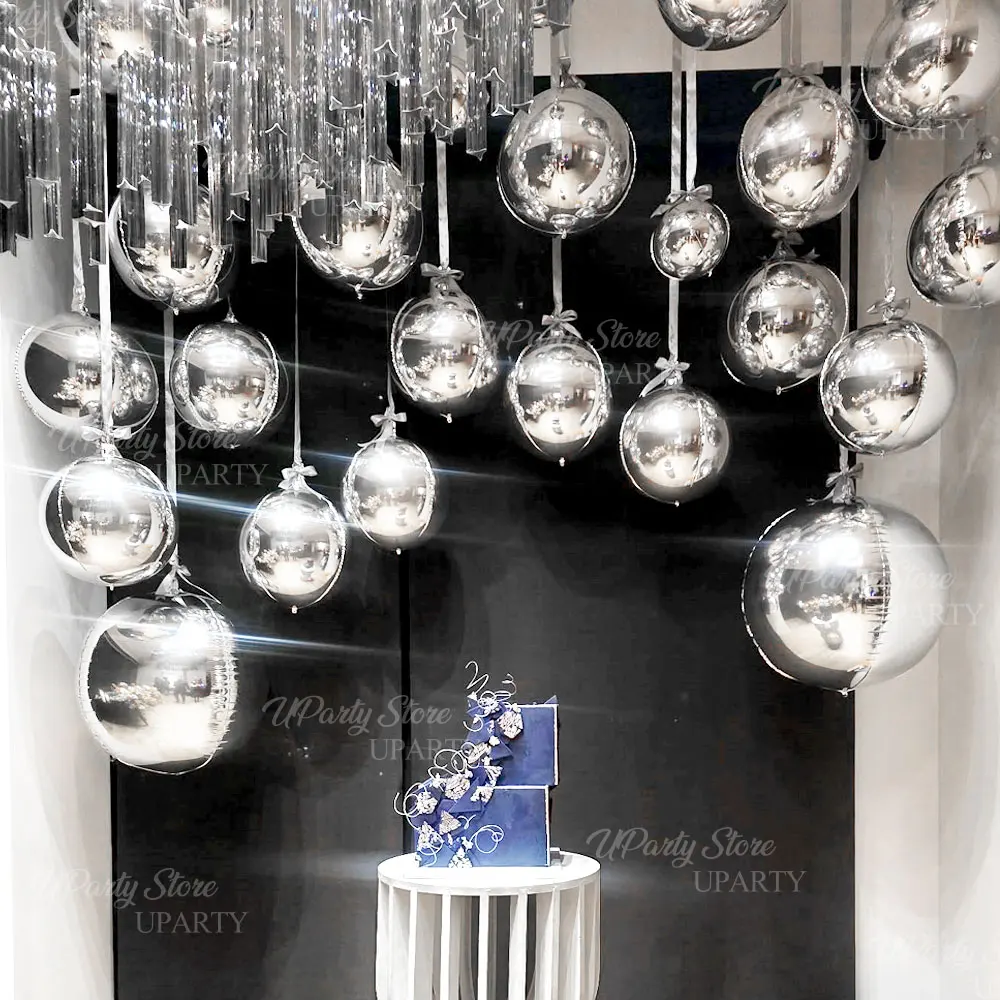 12 Stück Silberband-Luftballons, 55,9 cm, 15 Zoll, 10 Zoll, Metallic-Silber, 4D-Rundfolienballons für Geburtstag, Hochzeit, Hintergrund, Hängedekoration