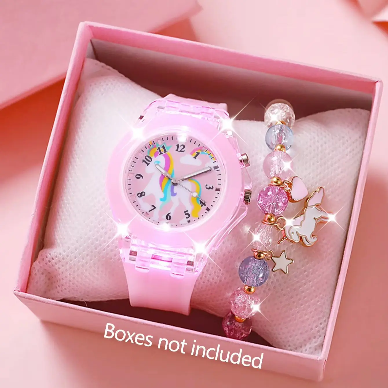 2-Piece Set of Pink Rainbow Horse Cute Luminous Silicone Round Quartz Watches and Star-Moon Colorful Bead Heart Unicorn Pendant Beaded Bracelet Set, with Luminous Colorful Lights That Change Colors, and a Comfortable Silicone Soft Strap It Is the Best Birthday Gift for Students, Suitable for Everyday School, Vacations, Back-To-School Season, Parties, Daily Use, and Holiday Gifts.