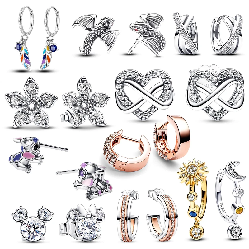 Original 925 Sterling Silver Earrings 2026 Stud Hoop Crystal Earings For Women Lnfinite Hearts Sun and Moon Earing Jewelry Gift