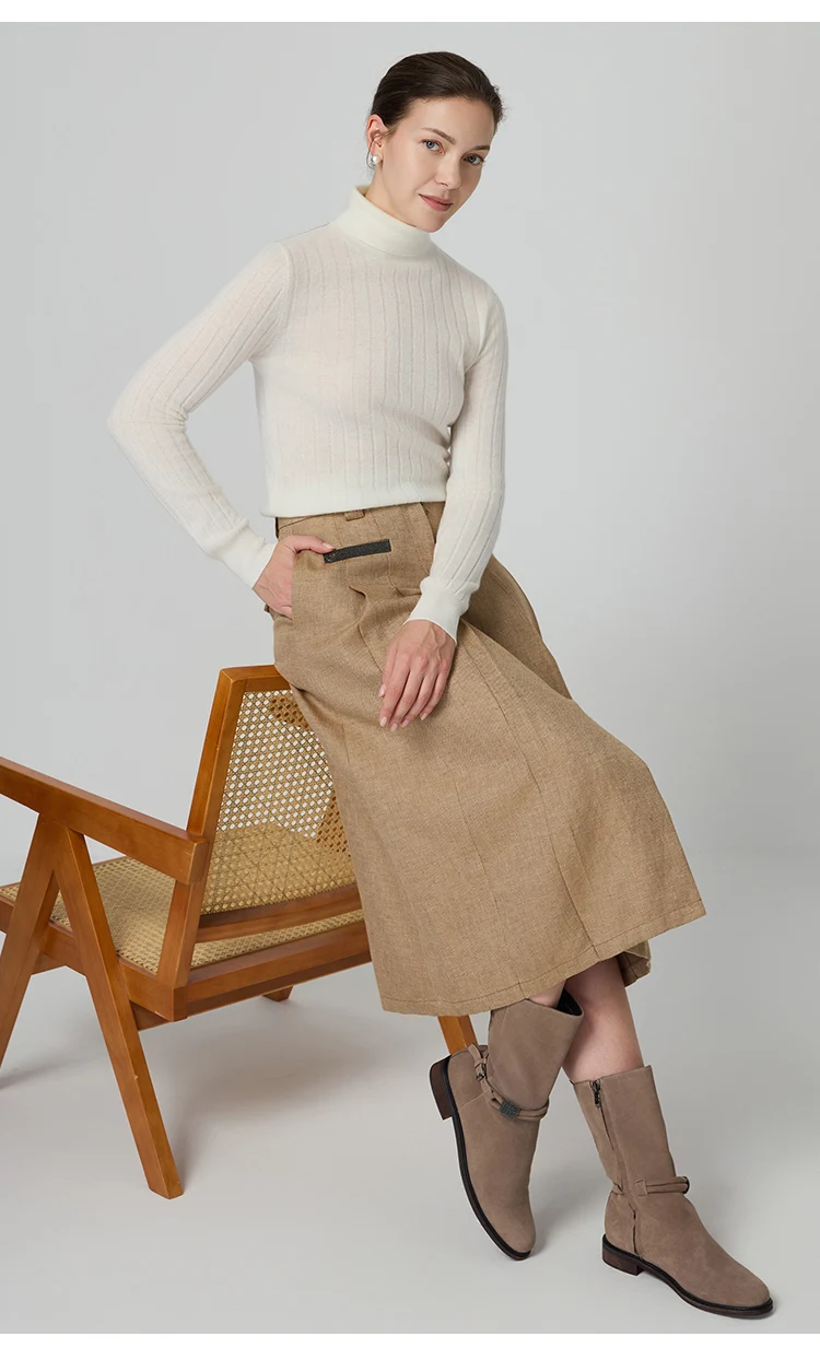BY3521239 Luxuriöser Damen-Kaschmir-Rollkragenpullover, weicher, gerippter, schmal geschnittener Pullover, Winter-Strickware mit hohem Kragen – Detail 7