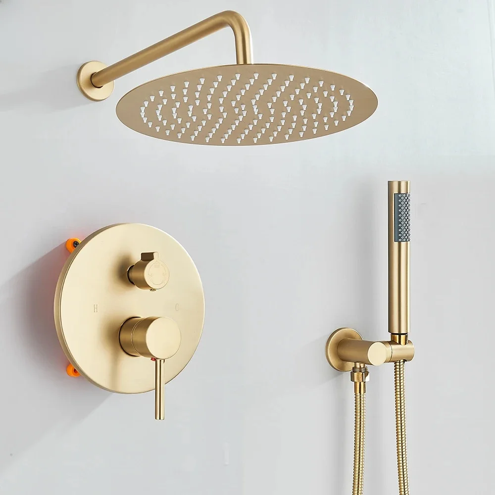Geborsteld Goud Douchekranen Set Regendouche Systeem Verborgen Warm Koud Water Mixer Kraan Badkamer Ronde Douchekraan - afbeelding 2