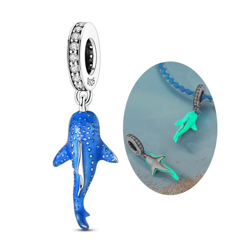 925 Sterling Silber Blaue Charms Walhai Meeresschildkröte Delfin Seepferdchen Anhänger Perle Passend für Original Armreif Armband Charms Schmuck
