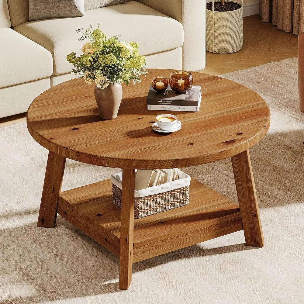 

Solid Wood Round Coffee Table for Living Room, 31.5” Farmhouse Wooden 2-Tier Circle Center Cocktail Accent Table