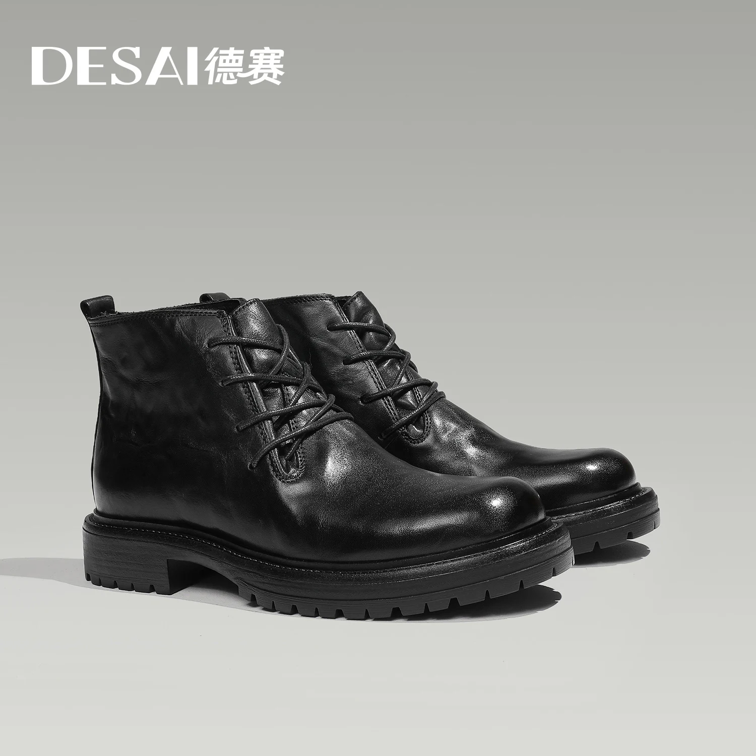 Desai [Wool vintage leather boots] Autumn and Winter warm thick fleece high top boots leather casual men\'s work boots