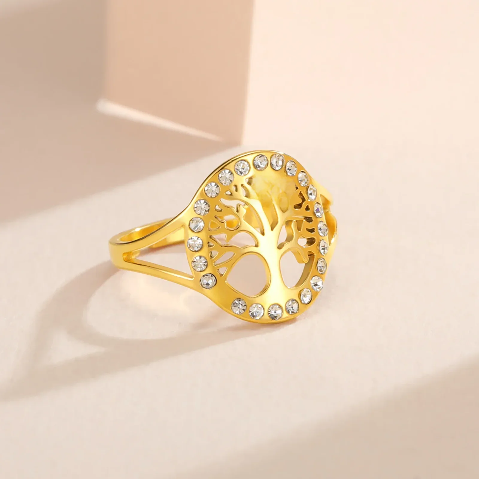 Skyrim arbre de vie clair Zircon rond anneau en acier inoxydable couleur or réglable femmes bagues amulette bijoux en gros 3