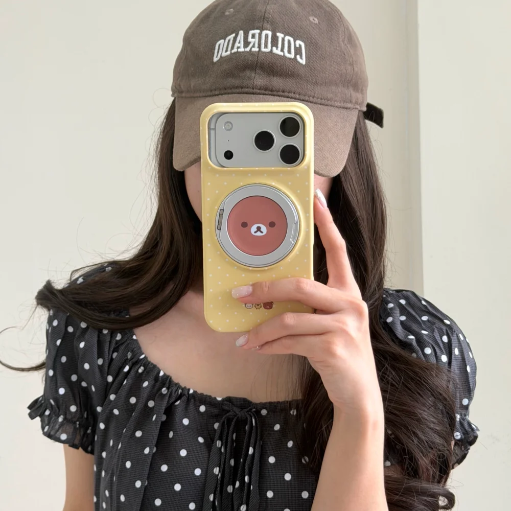 Korean INS Cute Cartoon Bear Polka Dot Print Phone Case For iPhone 17 Pro 16 Max 15 16 17 Pro Max 15Pro With 360° Magnetic Stand