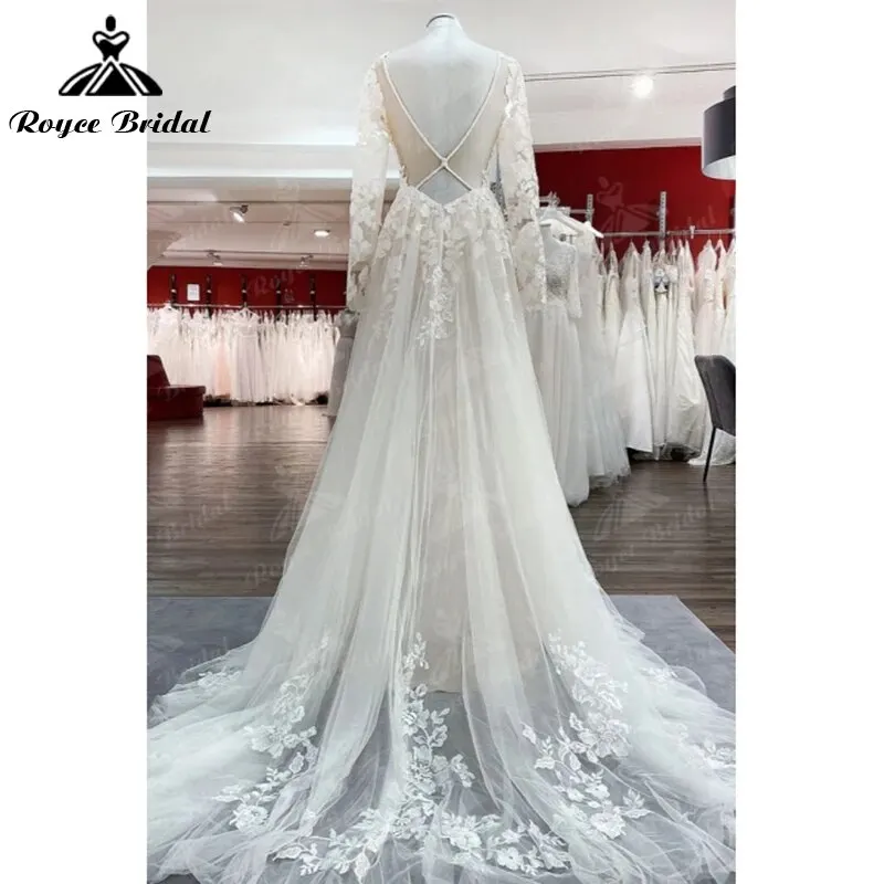 Exquisite V-neck Full Cap Sleeve Sexy Back Button Lace Appliques A-Line Wedding Dress Tulle Bridal Gown Sweep Boho vestidos robe