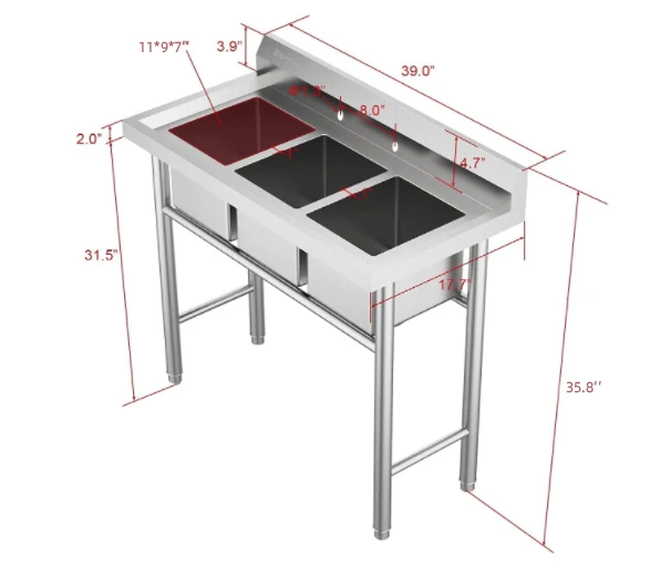 อ่างล้างจานสแตนเลส 3 ช่องเกรดเชิงพาณิชย์อ่างซักรีดอ่างล้างจานสําหรับกลางแจ้งในร่ม, โรงรถ, ร้านอาหาร