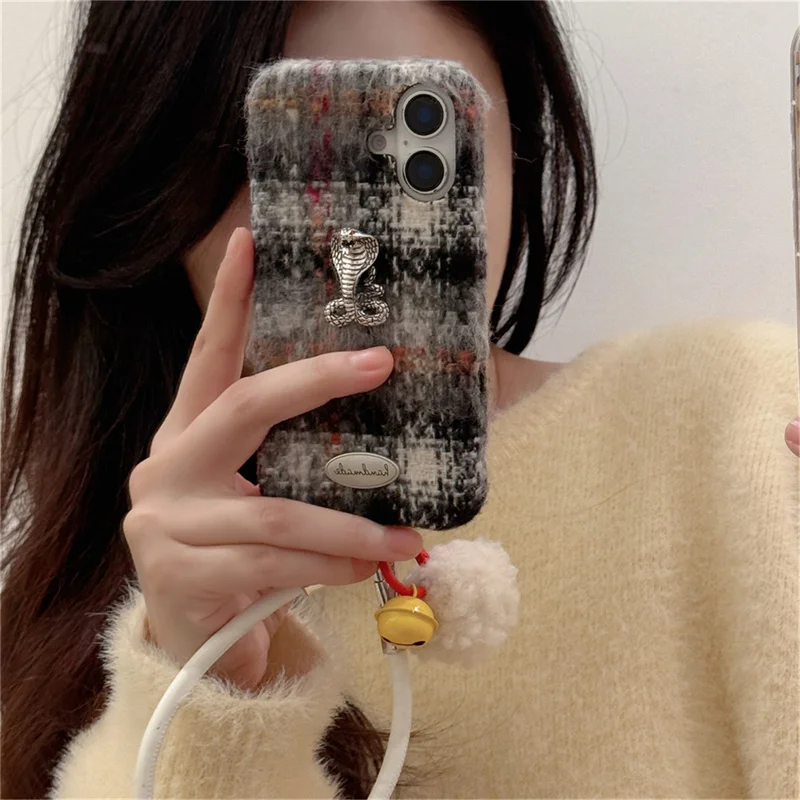 Fashion chequered velvet fabric 3D Metal Snake for iPhone 15 Pro Max phone case 14 16Pro 13Pro case with plush ball chain For 15