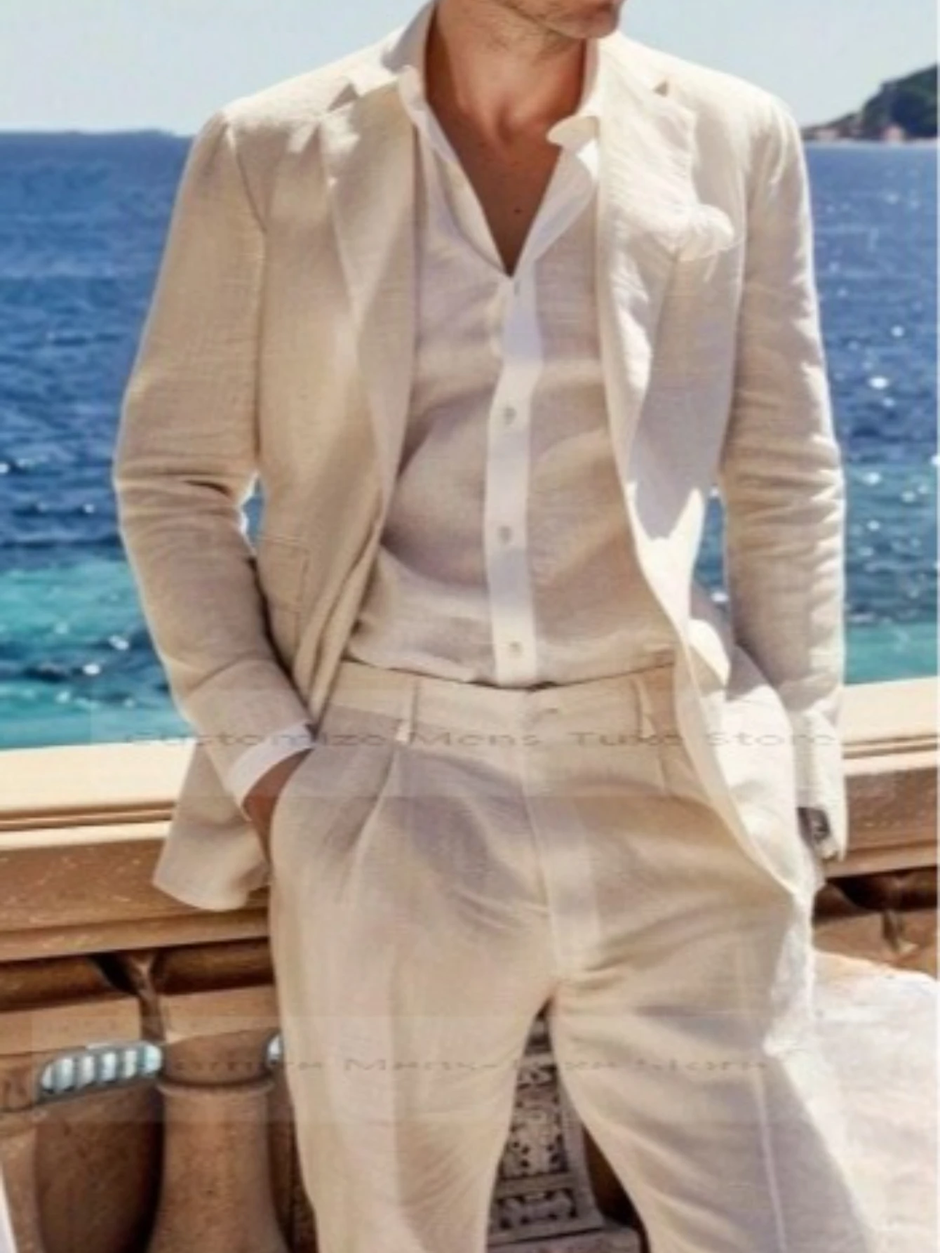 

Linen Suit 2 Pieces Blazer and Pants Set Tailored Suits Men's Suit for Wedding Groomsmen for Summer Beach Suits for Men
